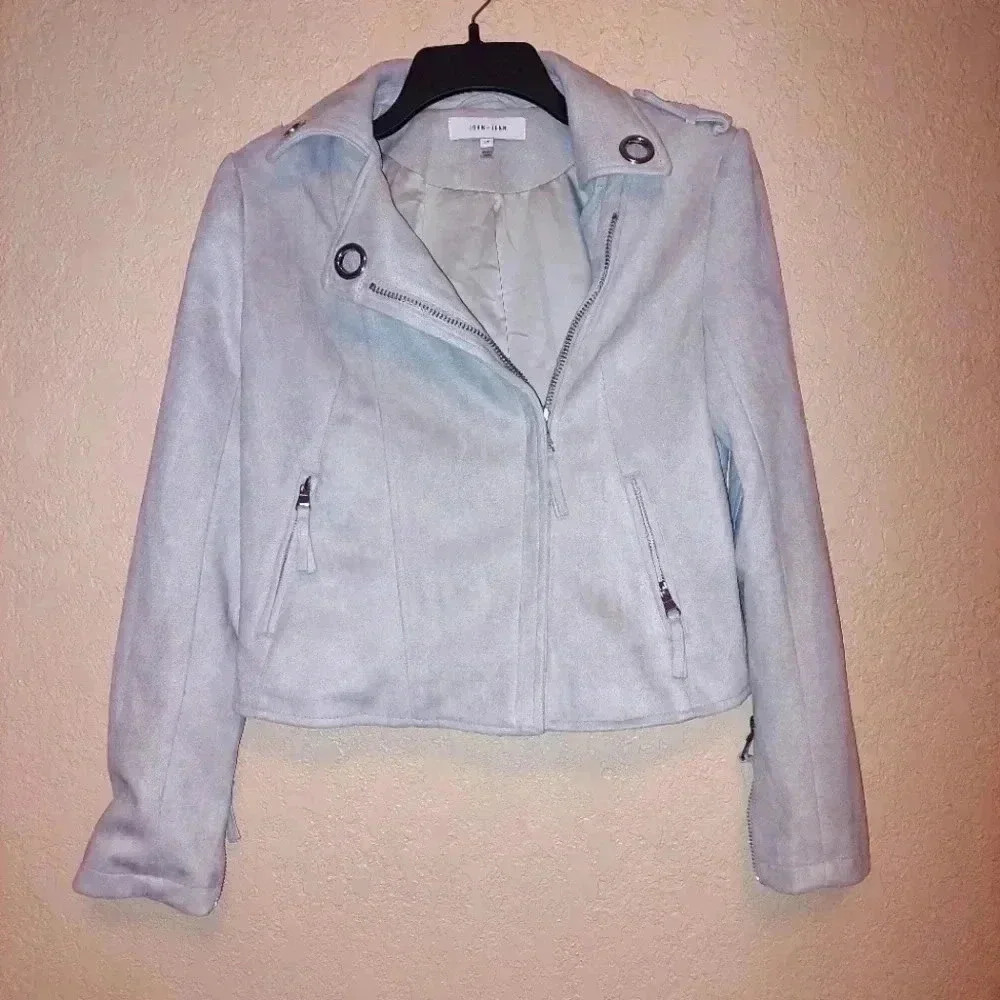 John + Jenn Faux Suede Moto Jacket Gray with Grommet Detail size S